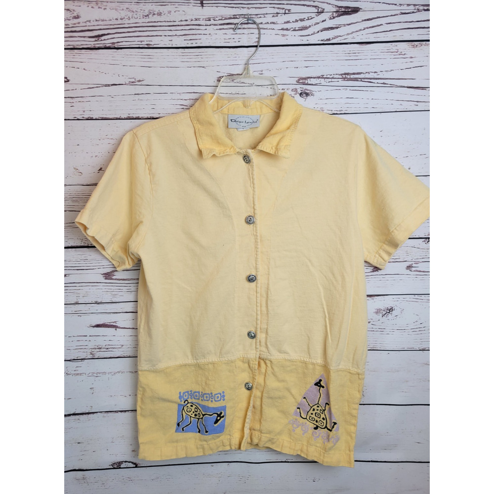 Vtg Designs Limited Shirt Button Artsy Yellow USA Short Sleeve Women's‎ Small